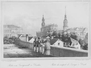 Dresden. Partie vom Zwingerwall, Blick auf Opernhaus, Hofkirche und Schloß
