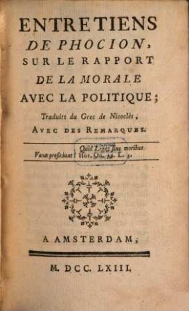 Entretiens de Phocion, sur le rapport de la morale avec la politique