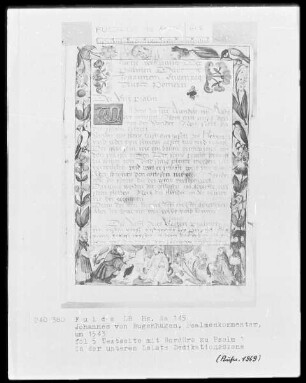 Johannes Bugenhagen, Psalmenkommentar — Bordüre mit Dedikationsszene und Vögeln, Folio 5recto