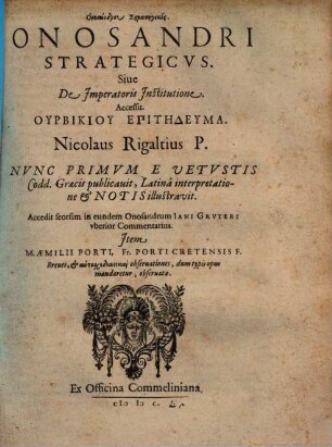 Onosandru Stratēgikos : = Onosandri Strategicvs. Siue De Imperatoris Institutione