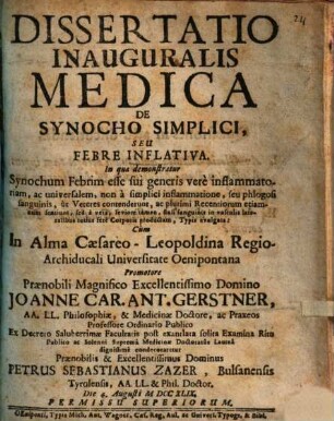 Diss. inaug. med. de synocho simplici, seu febre inflativa