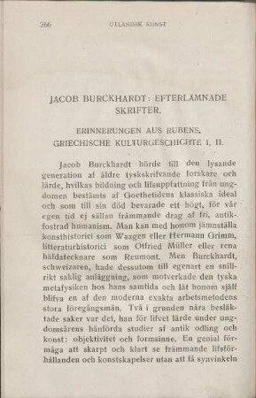 Jacob Burckhardt : Efterlämnade Skrifter. Erinnerungen Aus Rubens Griechische Kulturgeschichte I, II.