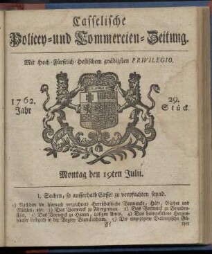 29. Stueck, Montag den 19ten Julii 1762