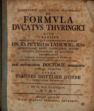 Dissertatio Ivris Pvblici Inavgvralis De Formvla Dvcatvs Thvringici