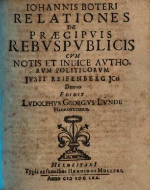 Johannis Boteri Relationes De Praecipvis Rebvspvblicis