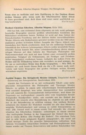 233-234 [Rezension] Kopper, Joachim, Die Metaphysik Meister Eckharts