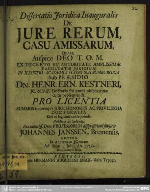 Dissertatio Iuridica Inauguralis De Iure Rerum Casu Amissarum