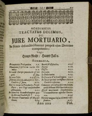 Academicus Tractatus Decimus. De Jure Mortuario, In Bonis defunctis Homini proprii ejus Domino competente.