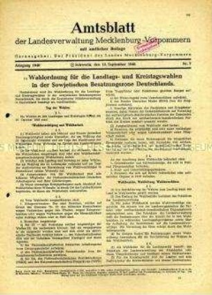 Amtliches Mitteilungsblatt für Mecklenburg-Vorpommern u.a. mit der Wahlordnung für die Landtags- und Kreistagswahlen 1946
