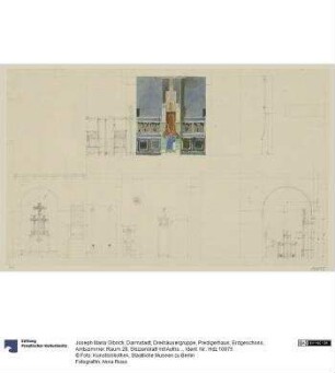 Darmstadt, Dreihäusergruppe, Predigerhaus, Erdgeschoss, Amtszimmer, Raum 28, Skizzenblatt mit Aufrissen der West, Nord- und Ostwand sowie der Südwand zum Erker