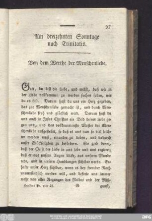 Am dreizehnten Sonntage nach Trinitatis. Von dem Werthe der Menschenliebe.
