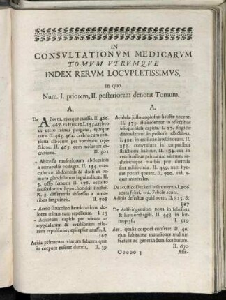 In consultationum medicarum Tomum utrumque Index rerum locupletissimus, in quo Num. I. priorem, II. posteriorem denotat Tomum.