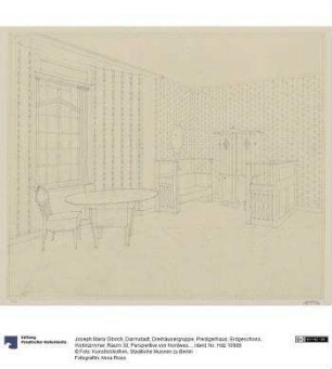 Darmstadt, Dreihäusergruppe, Predigerhaus, Erdgeschoss, Wohnzimmer, Raum 30, Perspektive von Nordwesten