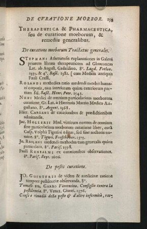 159-172, Therapeutica & Pharmaceutica, seu de curatione morborum, & remediis generalibus. - De Balneis.