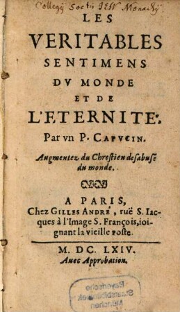 Les véritables sentimens du monde et de léternité ...