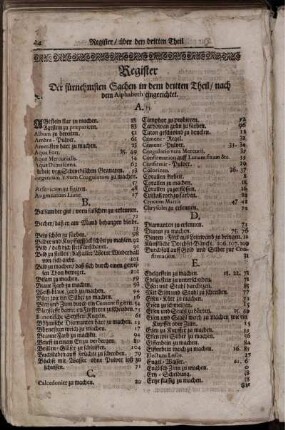Register Der fürnehmsten Sachen in dem dritten Theil/ nach dem Alphabeth eingerichtet