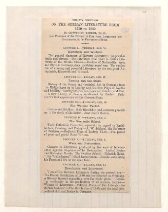 [Ankündigung:] Six Lectures on the German Literature from 1750 to 1850 by Gottfried Kinkel, Ph. D., Late Professor of the History of Fine Arts, Literature, and Civilization, in the University of Bonn
