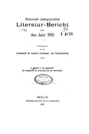 25: Zeitschrift für Geschichte der Erziehung und des Unterrichts - 2. Beiheft 1912