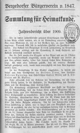 1909: Sammlung für Heimatkunde : Jahresbericht