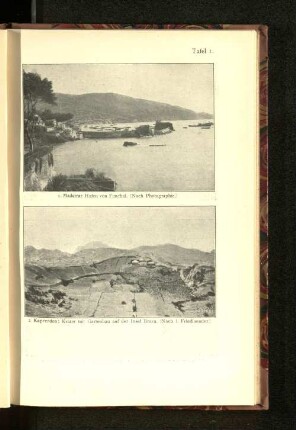 Tafel 1 . 1. Madeira: Hafen von Funchal. (Nach Photographie.) 2. Kapverden : Krater mit Gartenbau auf der Insel Brava. (Nach I. Friedlaender.)