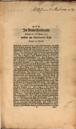 Im Reichsfürstenrath : ... Fortsetzung des Protokolls, 1780