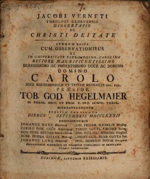 Jacobi Verneti ... Diss. de Christi deitate