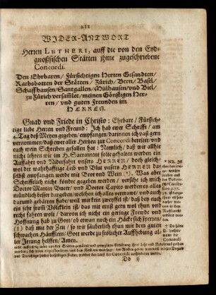 Wider-Antwort Herren Lutheri, auff die von den Eydgnoßischen Stätten ihme zugeschriebene Concordi