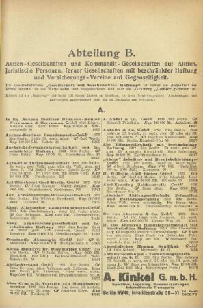 Abteilung B. Aktien-Gesellschaften und Kommandit-Gesellschaften auf Aktien, juristische Personen, ferner Gesellschaften mit beschränkter Haftung und Versicherungs-Vereine auf Gegenseitigkeit