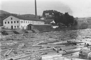 Holzflößung und Sägewerk : Holzflößung auf dem Fluß Weißer Regen mit einem Sägewerk im Hintergrund
