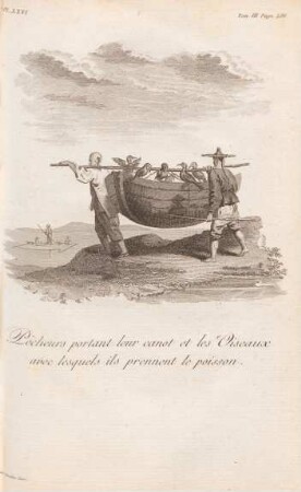 Pécheurs porlant leur canot et les Oiseaux avec les Oiseaux avec lesquels ils prennent le poisson