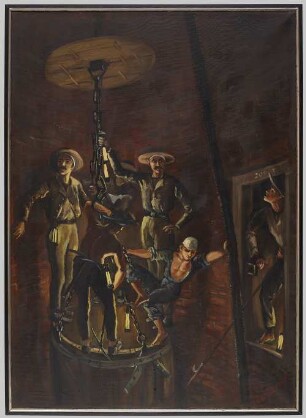 Ölgemälde "Die Einfahrt auf der Tonne in einem Kohlenbergwerk" ("Mineurs francais au Creusot")