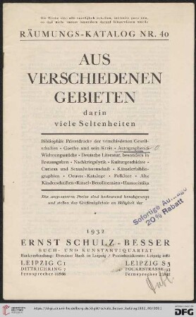 Nr. 40: Räumungs-Katalog: Aus verschiedenen Gebieten darin viele Seltenheiten