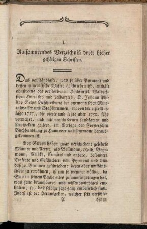 I. Raisonnirendes Verzeichniß derer hieher gehörigen Schriften.