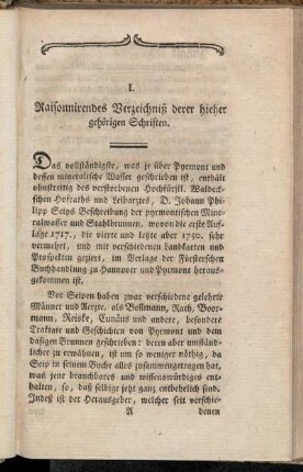 I. Raisonnirendes Verzeichniß derer hieher gehörigen Schriften.
