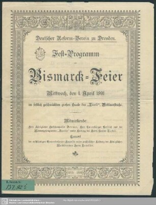 Fest-Programm zur Bismarck-Feier v. ...