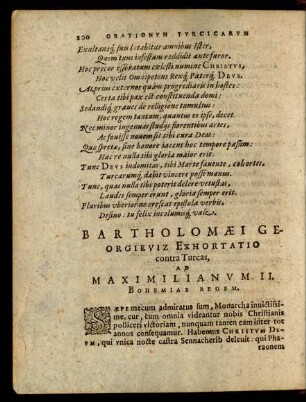 Bartholomaei Georgieviz Exhortatio contra Turcas Ad Maximilianum II. Bohemiae Regem.