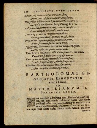 Bartholomaei Georgieviz Exhortatio contra Turcas Ad Maximilianum II. Bohemiae Regem.