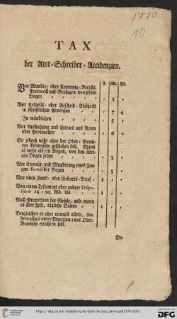 Tax der Amt-Schreiber-Accidenzien : Darmstadt, den [ ]ten 1770