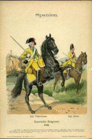 Uniformdarstellung, Reiter verschiedener Dragoner-Regimenter, Königreich Spanien, 1806.