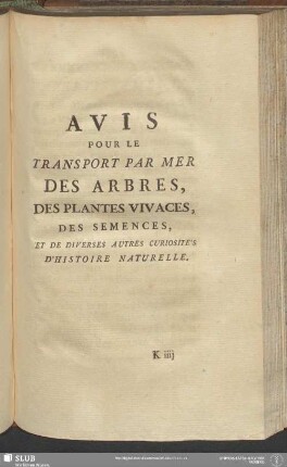 Avis Pour Le Transport Par Mer Des Arbres, Des Plantes Vivaces, Des Semences, Et De Diverses Autres Curiosités D'Histoire Naturelle