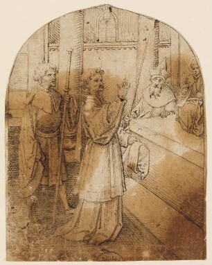 Zwei Männer, darunter ein Pilger, vor einem Altar, der mit einer Skulptur eines heiligen Bischofs geschmückt ist