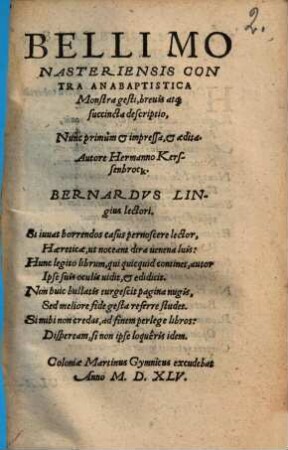 Belli Monasteriensis contra anabaptistica monstra gesti, brevis atque succincta descriptio