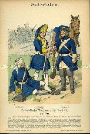 Uniformdarstellung, Artillerist, Grenadier und Dragoner, Königreich Schweden, um 1700.