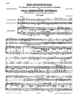 Felix Mendelssohn-Bartholdys Werke, 7,31. Nr. 31, Zwei Concertstücke für Clarinette und Bassethorn mit Begleitung des Pianoforte : Nr. 2, op. 114 in D-m[oll]. - 11 S. - Pl.-Nr. 31