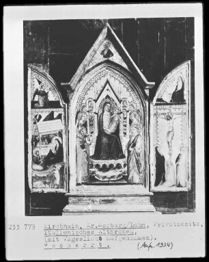 Italienisches Altärchen, mit einer Thronenden Madonna, der Verkündigung, der Geburt Christi und der Kreuzigung Christi