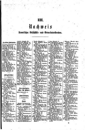 III. Nachweis sämmtlicher Geschäfts= und Gewerbetreibenden