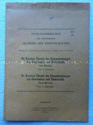 Zu Kaluzas Theorie des Zusammenhanges von Gravitation und Elektrizität. Erste (Zweite) Mitteilung. Sonderdruck aus den Sitzungsberichten der Preußischen Akademie der Wissenschaften, Jg. 1927 Nr. 6