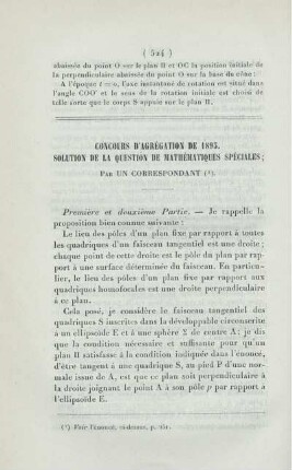 Concours d'agrégation de 1895. Solution de la question de mathématiques spéciales.
