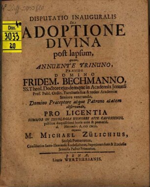 Disputatio Inauguralis De Adoptione Divina post lapsum