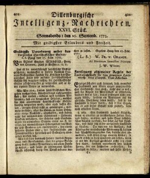 XXVI. Stück. Sonnabends: den 25. Septemb. 1773.